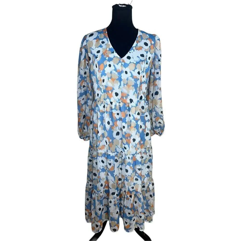 Joie Womens S Limited Edition sheer LS Tiered Printed Maxi Dress Floral Field